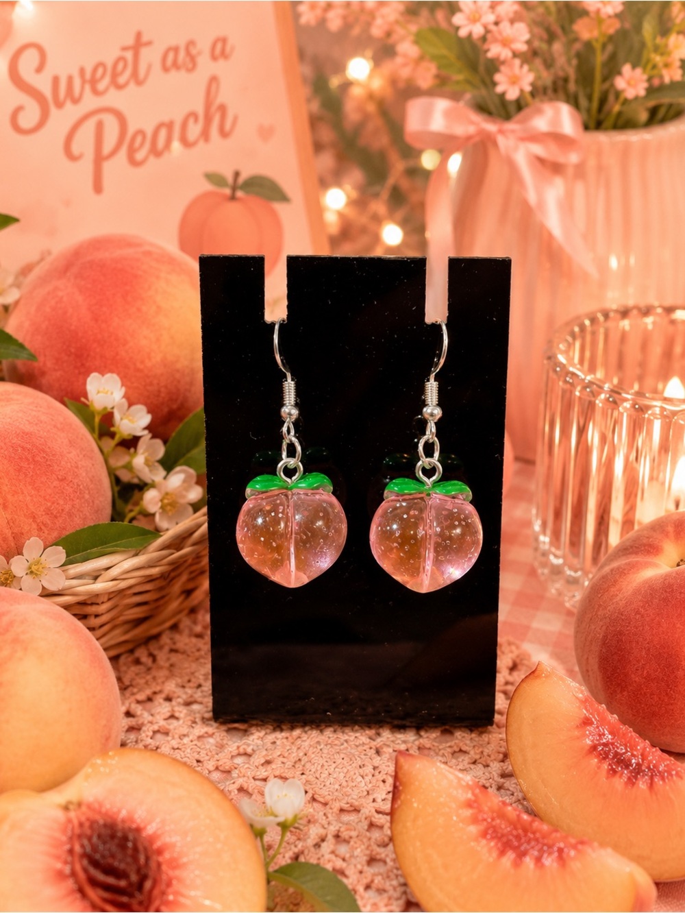 Pink Peach Drop Earrings with Green Leaf Accent